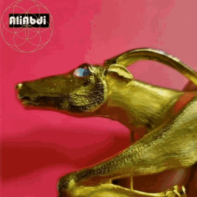 a close up of a gold statue with the word ninboi on the bottom left