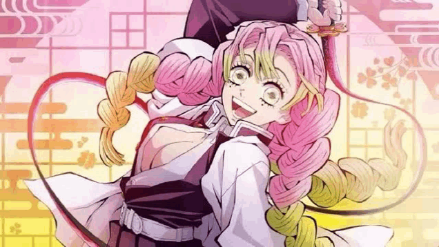 a girl with pink hair and braids is holding a sword in her hand .