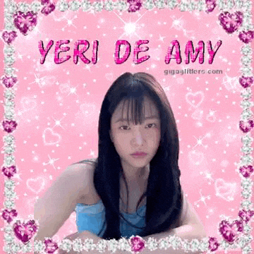 a girl with long hair is sitting in front of a pink background with hearts and sparkles .