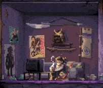 a pixel art of a person sitting on a couch in front of a television