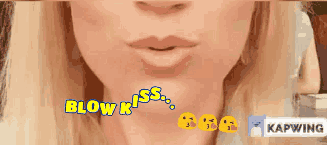 a close up of a woman 's face with the words blow kiss surrounding her
