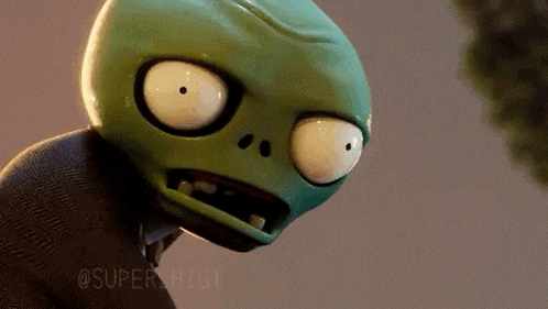 a close up of a cartoon zombie with big eyes and a surprised look on his face .