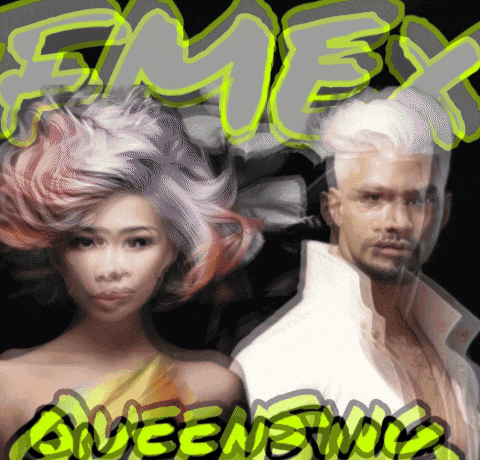 a man and a woman are standing next to each other in front of a sign that says enemy queenswing