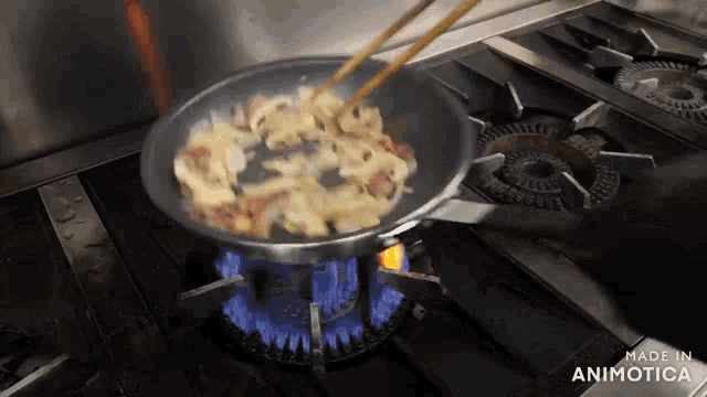 a pan of food is being cooked on a stove with the words made in animatica visible