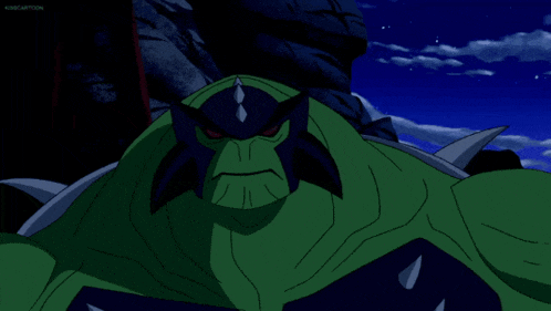 a green cartoon character with red eyes and a kid cartoon logo behind him
