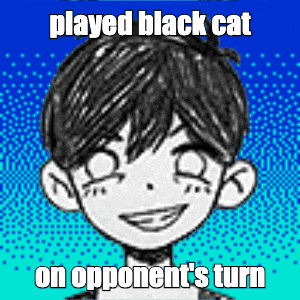 a black and white drawing of a boy with a caption that says played black cat on opponent 's turn .