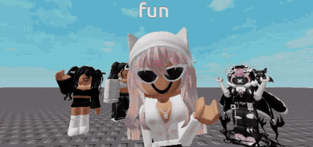 a girl wearing sunglasses stands in front of a blue background with the word fun on it