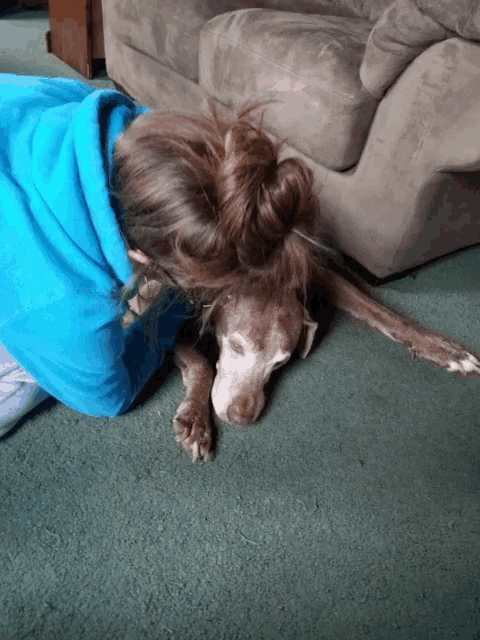 a woman in a blue sweatshirt is kneeling next to a dog