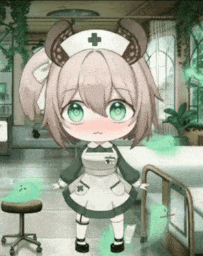 a nurse with horns and green eyes is standing in a hospital room