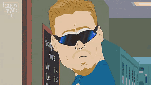 a cartoon of a man wearing sunglasses standing in front of a sign that says faculty hours