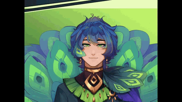 a drawing of a boy with blue hair and peacock feathers