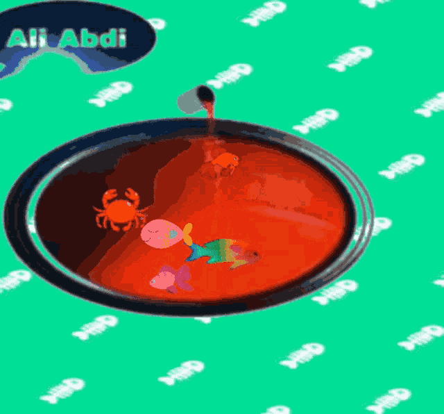 a crab and a fish are in a bowl of red liquid with the name ali abdi above them