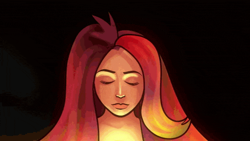a cartoon drawing of a woman with red and yellow hair