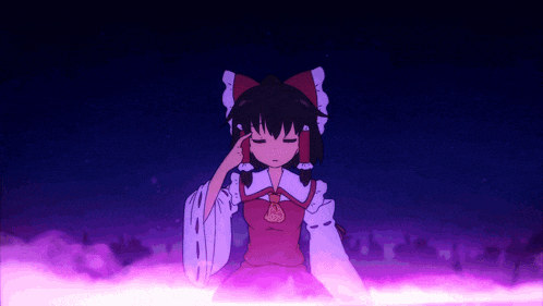 a girl in a red and white dress is standing in a purple fog