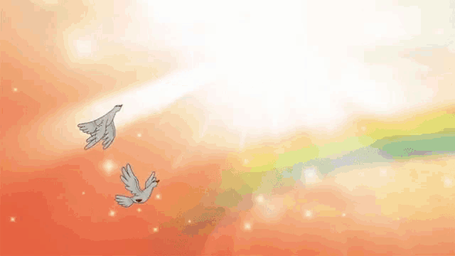 two birds are flying in the sky with a rainbow in the background