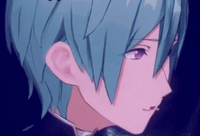 a close up of a blue haired anime character with purple eyes .
