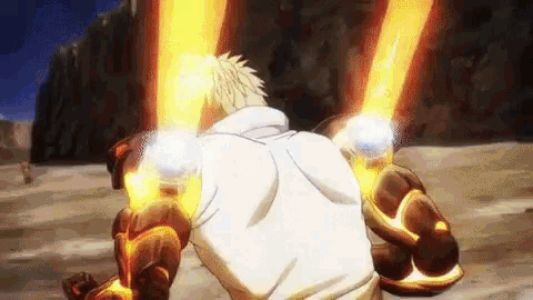 a man in a white hoodie is holding a pair of glowing arms .