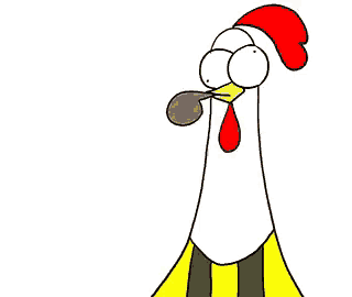 a cartoon chicken is holding a red card in its hand
