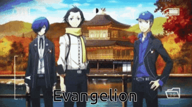 three anime characters are standing in front of a building and the word evangelion is on the bottom