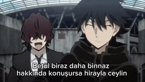 two anime characters standing next to each other with a caption that says betul biraz daha binnaz