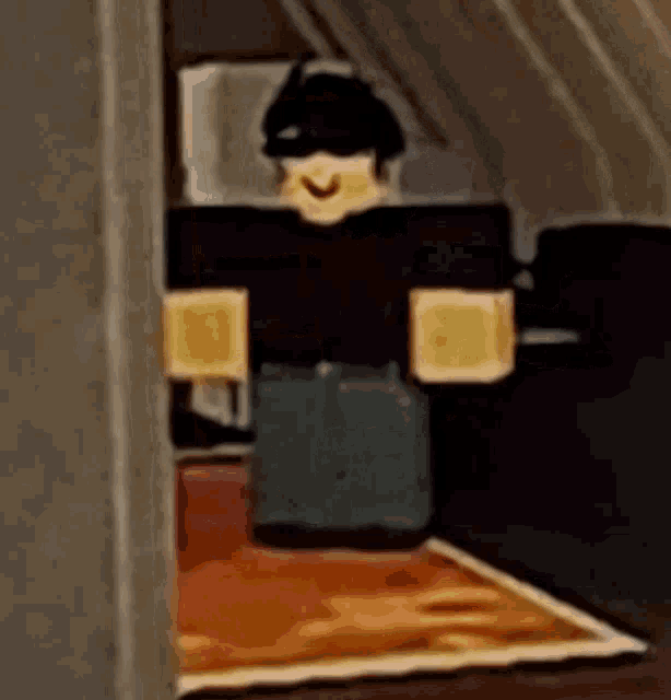 a cartoon character is standing in a room with a rug .