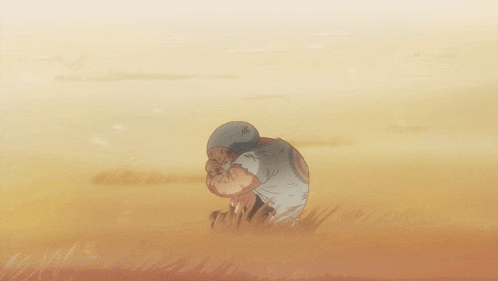 a cartoon drawing of a man sitting in the grass with his head down