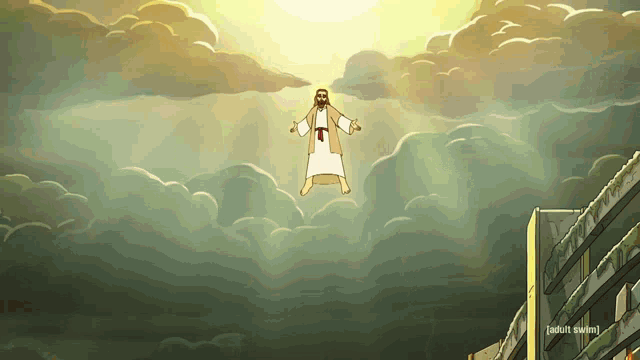 a cartoon of jesus flying through the air with the words adult swim below