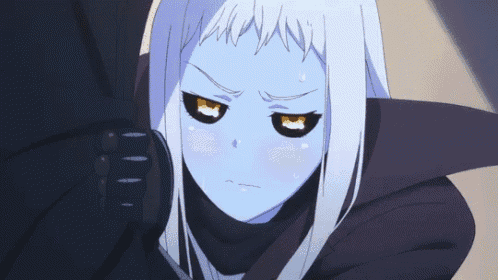 a blue anime character with white hair and yellow eyes looks angry