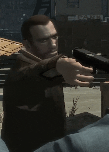 a man holding a gun in front of a building that says park