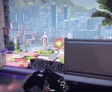 a video game screen shows a city with the word avogadro visible