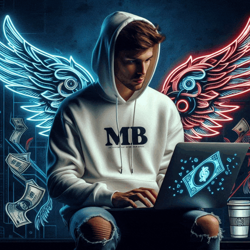 a man wearing a hoodie that says mb on it