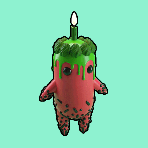 a cartoon character with green frosting and a candle