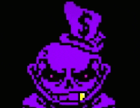a pixel art of a purple skeleton with a hat on his head on a black background .