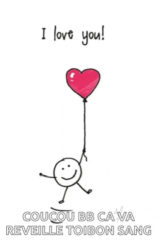 a stick figure is holding a heart shaped balloon with the words `` i love you '' written on it .