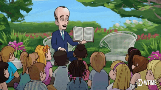 a cartoon shows a man reading a book to a group of children with showtime written on the bottom