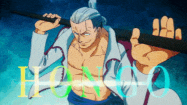 a man with a ponytail is holding a sword in his right hand .