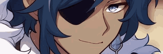 a close up of a person 's face with blue hair and an eye patch .