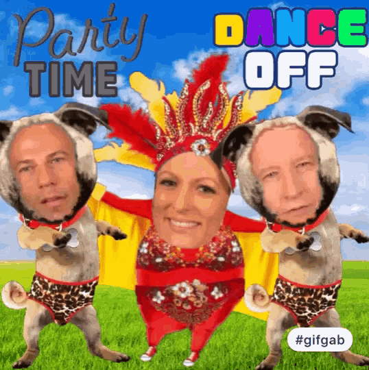a picture of a woman and two dogs with the words party time dance off above them