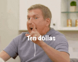 a man is making a funny face while holding his finger to his mouth and the words ten dollars are written on his face