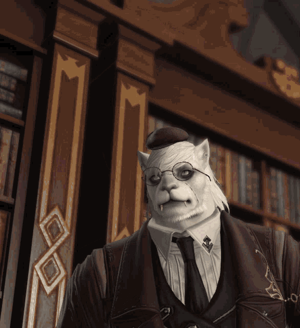 a man with a cat 's head and glasses is standing in front of a bookcase