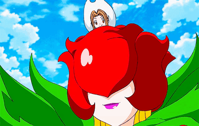 a cartoon drawing of a woman with red hair and green leaves