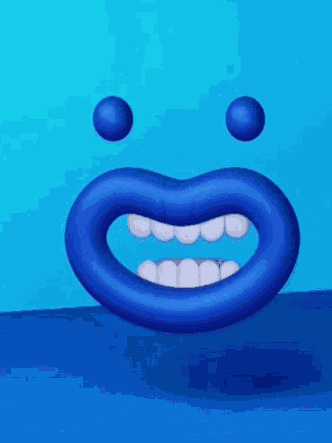 a cartoon character with a blue mouth and white teeth with liquid dripping out of it 's mouth .