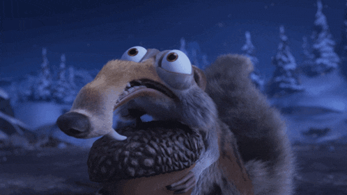 a cartoon squirrel is holding an acorn in his mouth