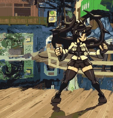 a cartoon drawing of a girl holding a sword with a sign that says ' a ' on it in the background