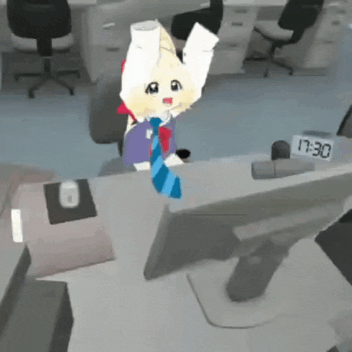 a cartoon character is sitting at a desk in front of a computer with a clock that says 17.30