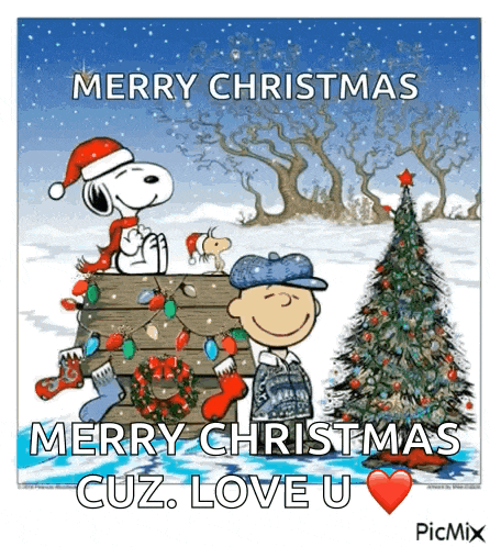 a cartoon of snoopy and charlie brown standing next to a christmas tree