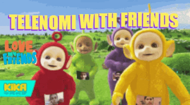a group of teletubbies are standing in a field with the words telenomi with friends above them .