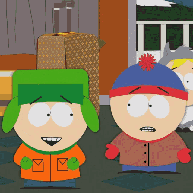 two south park characters standing next to each other with one wearing a green hat and the other wearing a blue hat