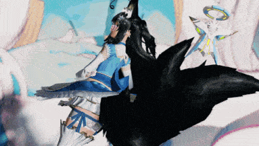 a girl in a blue and white dress with black wings