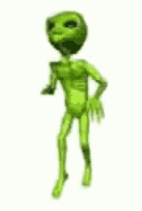 a green alien is standing on one leg and holding a ball in his hand .